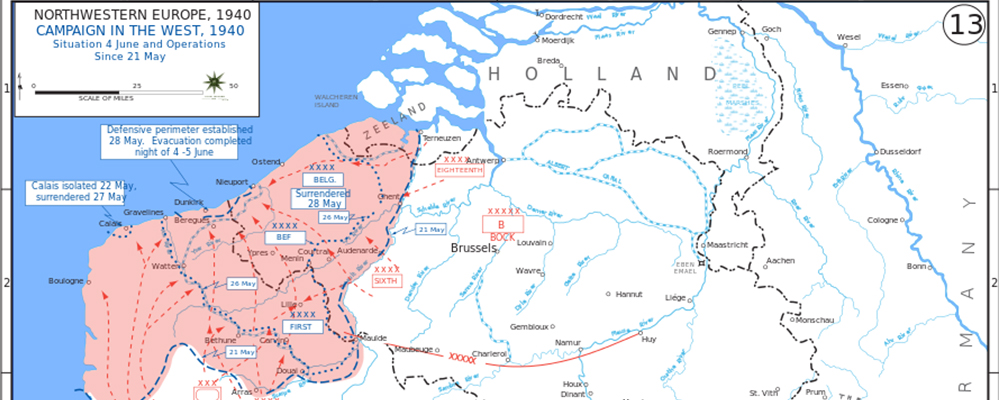 De situatie op 4 juni 1940. Alleen een klein stukje rondom Duinkerken is nog in handen van de Fransen.